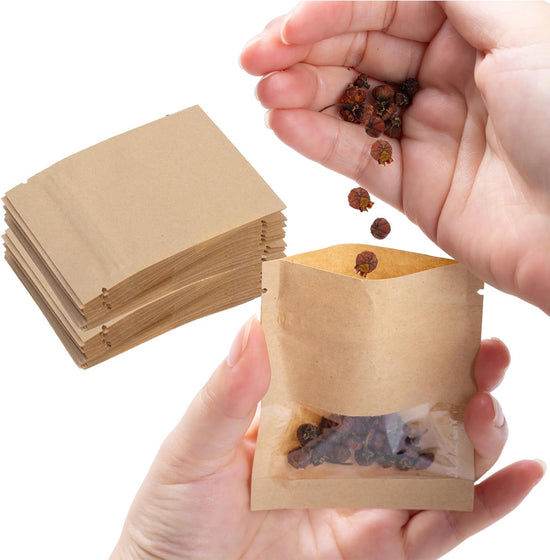 100Pcs 7×9cm Sealable Kraft Paper Bag with Transparent Window, 2.7×3.5&
