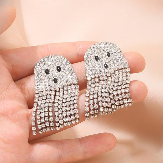Ghost Earrings For Women, Silvery Dangling Tassel Earring With Cubic Zirconia Lovely Halloween Jewelry Gift