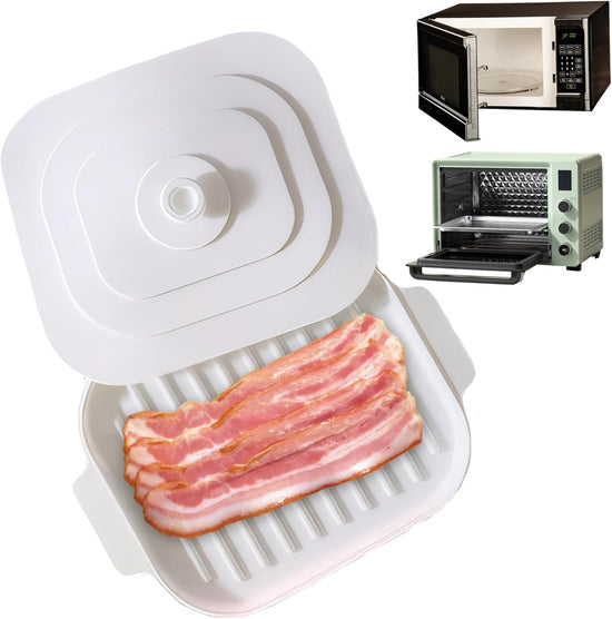 Microwave Bacon Cooker, 11x8.2inch Silicone Microwavable Bacon Grill with Lid & Handles, Bacon Tray for Microwave Cooking