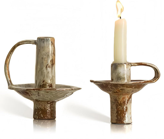 Taper Candle Holders, Vintage Ceramic Pillar Brass Candle Holder, Handmade Candlesticks Holders, Candle Sticks Holder Decor 7/8" ID Set of 2