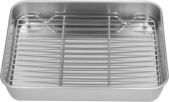 Broiler Pan for Oven, Rectangular Tray Deepened Kitchen Bakeware Rack Roaster Refrigerated Crisper Chassis Grid Roasting Pans Cookie Nonstick Cake Pastry with Grill Set (10.43x8.07x1.96 Inch)