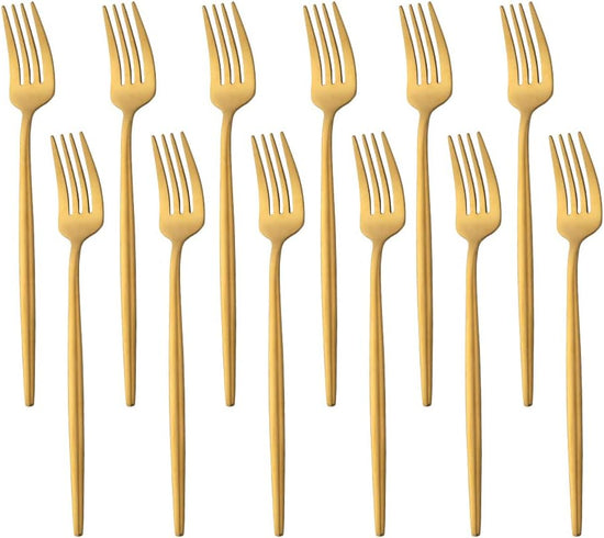 12 PCS Modern Stainless Steel Dinnerware Flatware Set, Reusable Popular Dinner Fork, Widely Use on Home, Restaurant, Party, 8.6 Inch, Gold