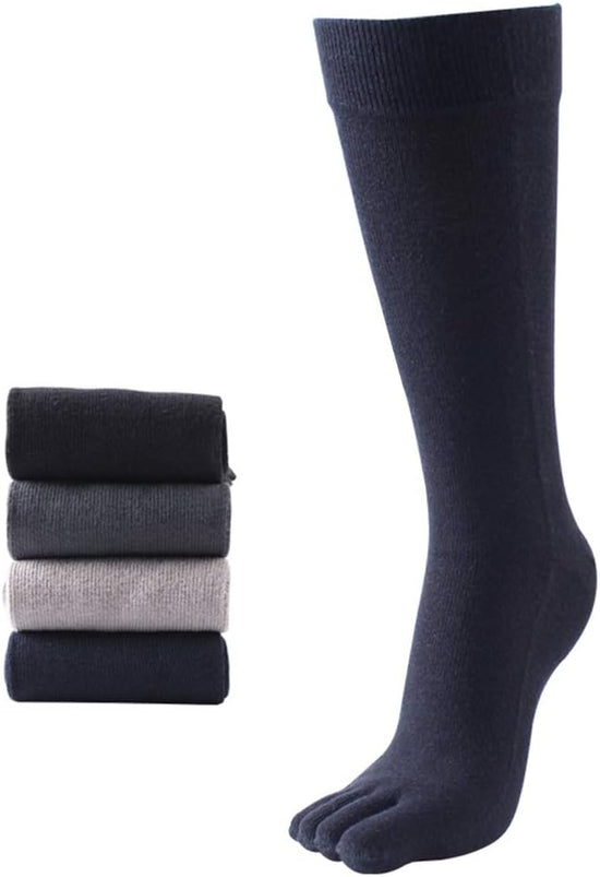 Mens Knee High Toe Socks Cotton Five Finger Sports Running Long Tube Calf Socks, 4 Pairs