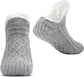 Women Knitted Slipper Socks Cozy Sherpa Fuzzy Non Slip Winter Indoor Double Layer Bedroom Grey Medium Wide
