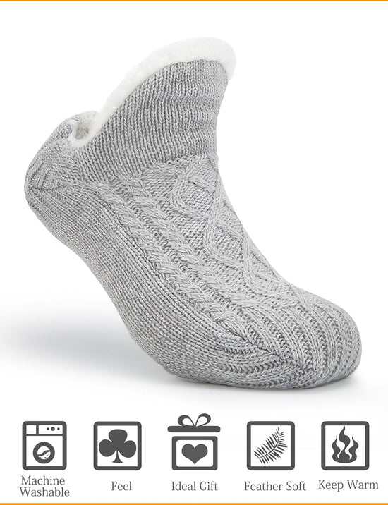 Women Knitted Slipper Socks Cozy Sherpa Fuzzy Non Slip Winter Indoor Double Layer Bedroom Grey Medium Wide