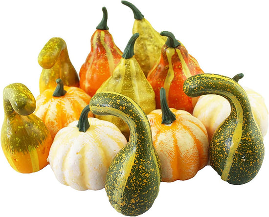 12 Pcs Artificial Pumpkins and Gourds Set, Small Faux Foam Pumpkins Artificial Vegetables for Halloween Fall Thanksgiving Party Table Decoration Supply (12pcs)