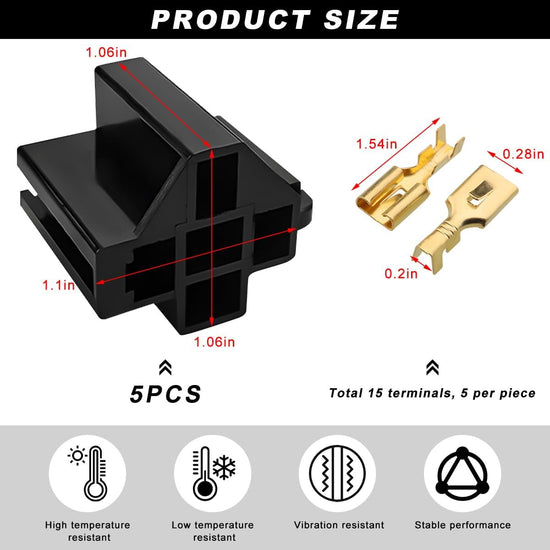 5 PCS Pin Relay Connectors, 12V Socket 30Amp/40Amp Connector with 6.3mm Terminals, Automotive Terminal Relays Case Holder for Cars Trucks SUVs, Car Accessories
