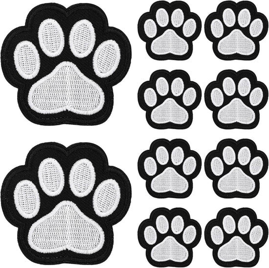 12 Pcs Cute Paw Print Iron on Patches, Self Adhesion Paw Print Applique Sewing Chenille Patches Embroidery Applique Patches Badge for Clothes Jeans Backpacks Hats (Black, White)