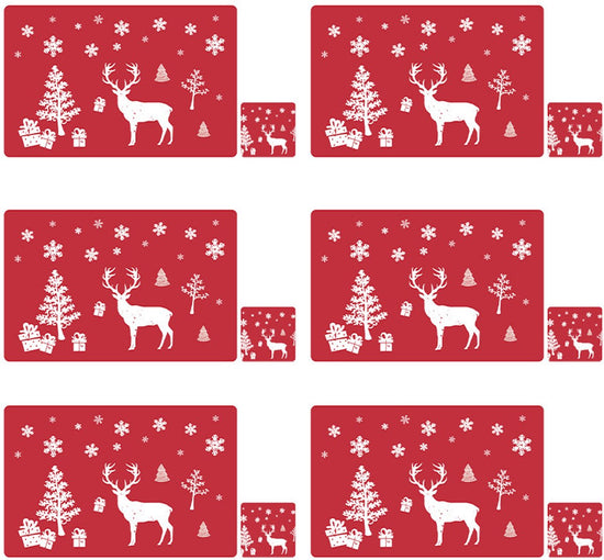 Placemats - Set of 12 - Christmas placemats - including coasters, Christmas placemats - heat-resistant and waterproof - suitable for Christmas parties and table decorations (Red)