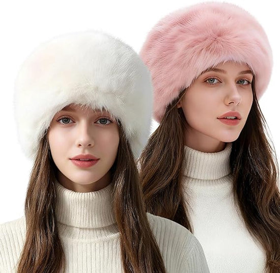 Hats - 2 pcs - Warm hats - Plush hats - Warm hats for women - White and pink - Stylish winter snow hats - Ideal gift for women and girls - Birthday gift - Christmas gift