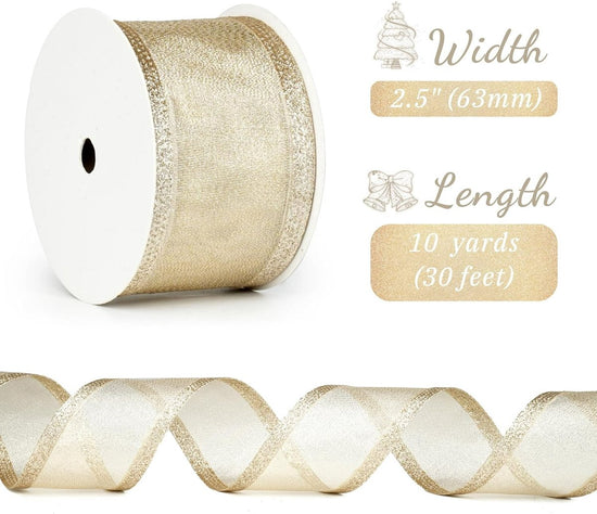 Champagne Christmas Ribbon - 2.5" Champagne Gold Metallic Ribbon with Glitter Stripes - Christmas Tree Ribbon, Garland Supplies - Ornaments - Wreaths - Party Decorations - 10 Yards