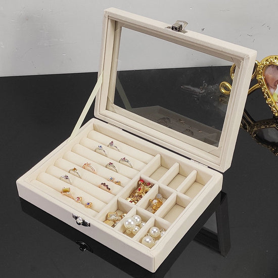 Jewelry Box - Jewelry Box with Glass Lid and Lock - 9 Compartment Jewelry Organizer - Suitable for storing earrings, bracelets and women&