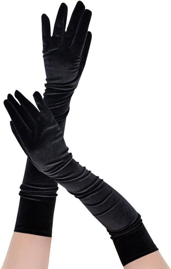 Gloves - Velvet Gloves - Birthday Gloves - Long - Suitable for Stage Performances, Formal Wear, Galas, Christmas - Black