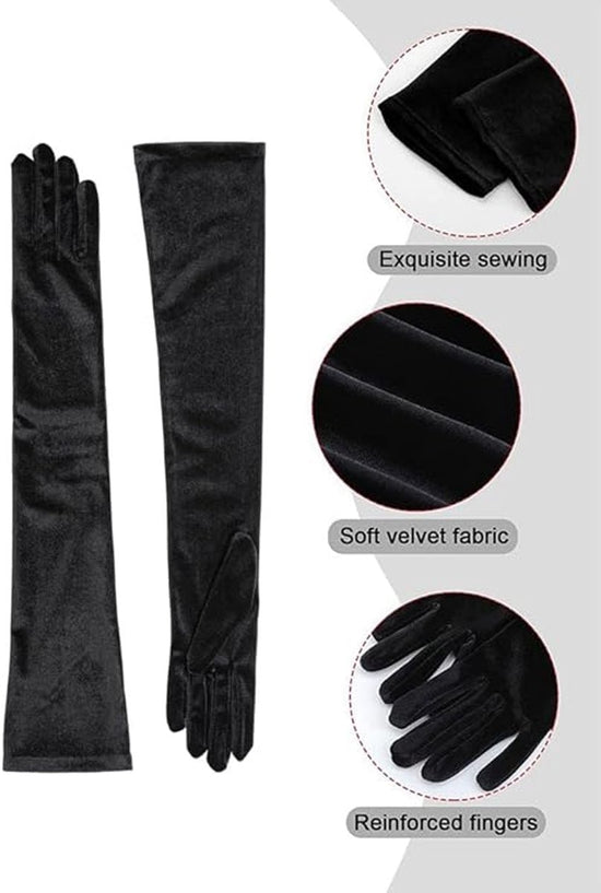 Gloves - Velvet Gloves - Birthday Gloves - Long - Suitable for Stage Performances, Formal Wear, Galas, Christmas - Black