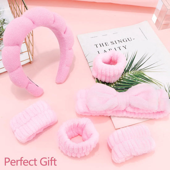 Winter Headband for Women - Set of 4 - Pink Makeup Headband and Wristband Set - Suitable for Facial Cleansing and Skin Care - Christmas Gift - Birthday Gift, Gift for Girls