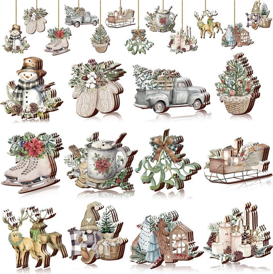 Christmas tree decorations (12 pieces) - Indoor Christmas decorations - Wooden Christmas tree decorations - Snowman - Sleigh - Reindeer set - Christmas decorations - Christmas decorations - Style A