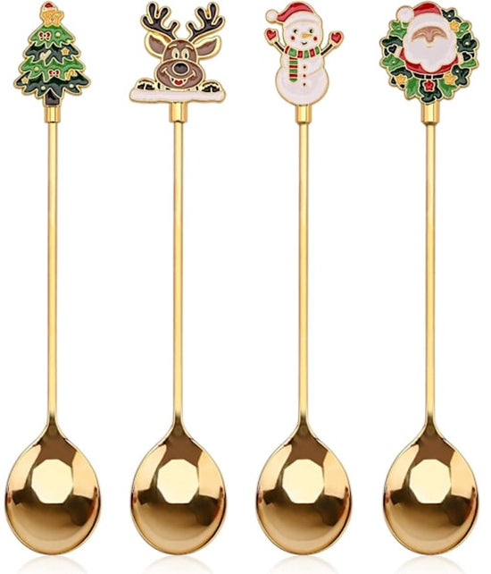Teaspoons - 4 spoons - Christmas tableware - Silver dessert spoons - Decorated with Christmas trees, reindeer, snowmen and Santa Claus - Suitable for desserts, tea and soup