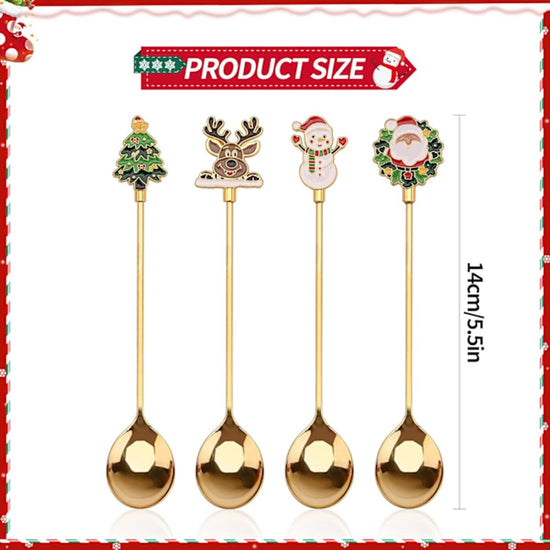 Teaspoons - 4 spoons - Christmas tableware - Silver dessert spoons - Decorated with Christmas trees, reindeer, snowmen and Santa Claus - Suitable for desserts, tea and soup