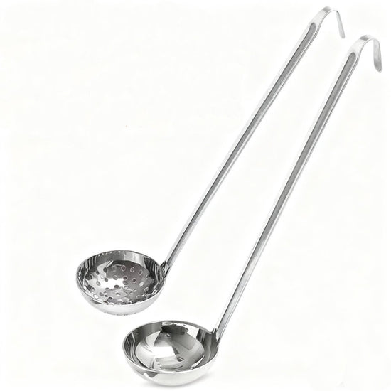 Two-piece set - Stainless steel soup ladle and sieve with hook - can be hung on the side of a pan - Soup ladle - Porridge spoon - Thickened household spoon - 25 cm