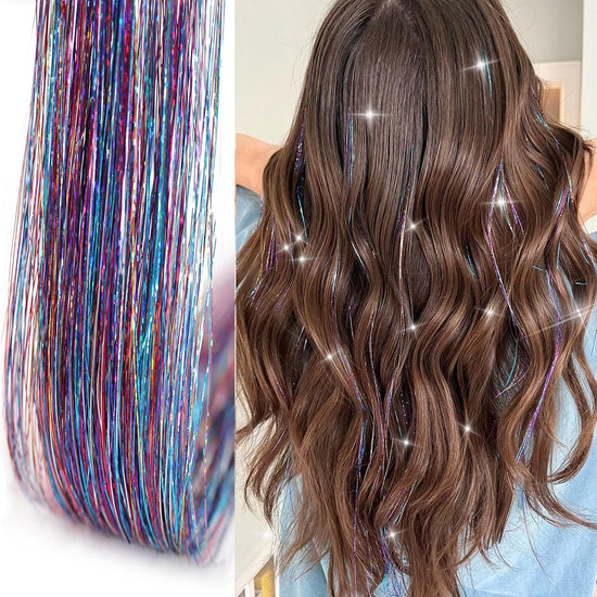 Hair Tinsels - Festival Hair Extensions - Glitter Hair Extensions - 12-Piece Clip-On Hair Accessory Set - 52 cm, for Christmas and New Year, Glitter Hair Extensions, Suitable for Women, Girls and Children (Rainbow Colors)