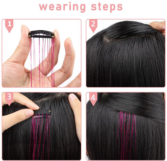 Hair Tinsels - Festival Hair Extensions - Glitter Hair Extensions - 12-Piece Clip-On Hair Accessory Set - 52 cm, for Christmas and New Year, Glitter Hair Extensions, Suitable for Women, Girls and Children (Rainbow Colors)