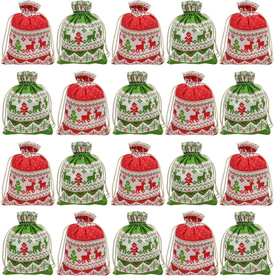 Christmas linen gift bags - 24 pieces - 10x14cm - Christmas decoration for indoors - Reusable - Christmas candy bags with drawstring - Suitable for gift bags for children&