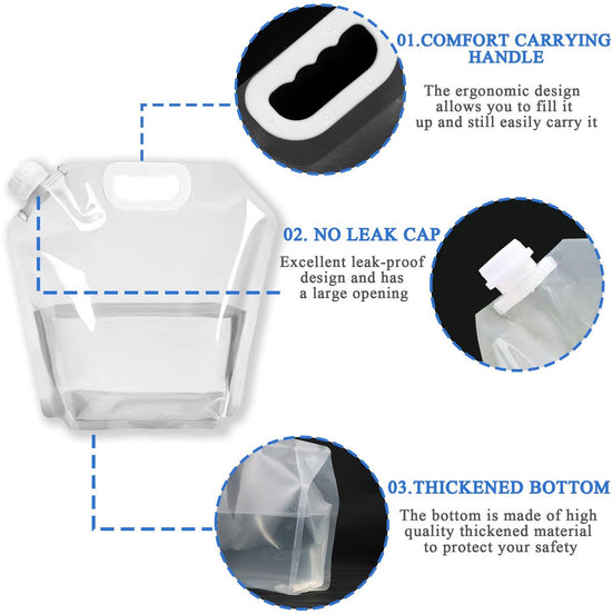 5L Collapsible Water Bag - Portable Water Container - Water Bottle - Kettle - 4-Pack Collapsible Water Jugs - Clear Plastic Water Bag with Handle for Camping, Emergencies, Hiking - Leak-Proof, Freezable Collapsible Water Container Bags