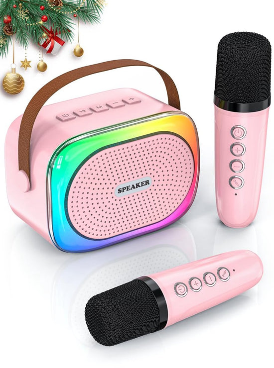 Karaoke Set for Kids - Portable Bluetooth Speaker for Car - Equipped with 2 Karaoke Microphones - Voice Changer and LED Lights - Ideal Birthday Gift for Teens and Kids - Pink