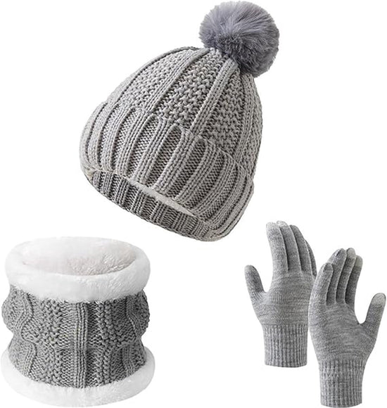 Gloves, hat and scarf - three-piece set - winter knitwear - lined with fleece and thickened - warm and cold resistant - gray