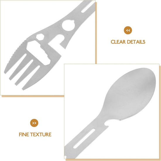 Stainless Steel Spoon and Fork - 10-in-1 Multi-Tool - Works as a combination spoon, fork, knife, bottle opener, and wrench - ideal for picnics, travel, backpacking, hiking, and fishing - Silver