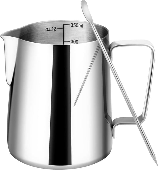 Milk Frothing Cup - 350ml Milk Frothing Cup - Clear Markings - Cappuccino Espresso Machine Accessory Made of Stainless Steel 304 - Suitable for Barista Coffee Shops - With Latte Art Pen - Silver