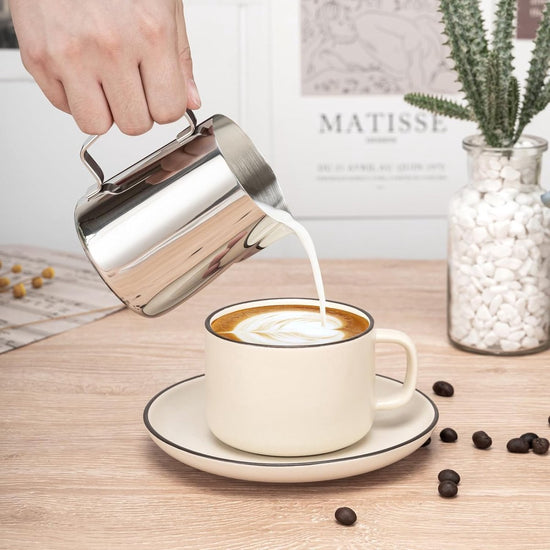 Milk Frothing Cup - 350ml Milk Frothing Cup - Clear Markings - Cappuccino Espresso Machine Accessory Made of Stainless Steel 304 - Suitable for Barista Coffee Shops - With Latte Art Pen - Silver