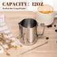 Milk Frothing Cup - 350ml Milk Frothing Cup - Clear Markings - Cappuccino Espresso Machine Accessory Made of Stainless Steel 304 - Suitable for Barista Coffee Shops - With Latte Art Pen - Silver