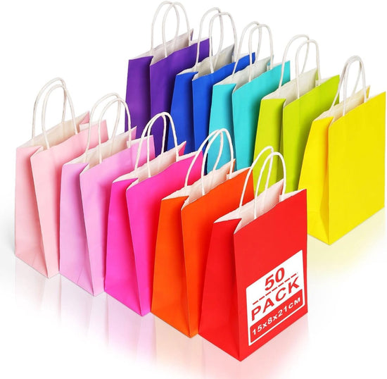 50 small paper bags with handles - colorful kraft paper gift bags - 15x8x21cm - kraft paper shopping bags - for parties, birthdays, Christmas, weddings, shopping