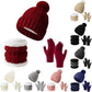 Gloves, hat and scarf - three-piece set - winter knitwear - fleece lined and thickened - warm and cold resistant - Claret