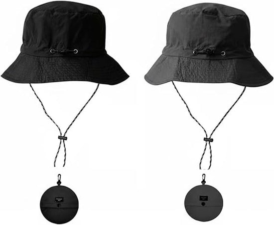 Hat - Sun Hat - Outdoor Jungle Hat - Foldable Bucket Hat - Rain Hat - Unisex - With Removable Chin Strap - 2-Piece (Black + Gray)