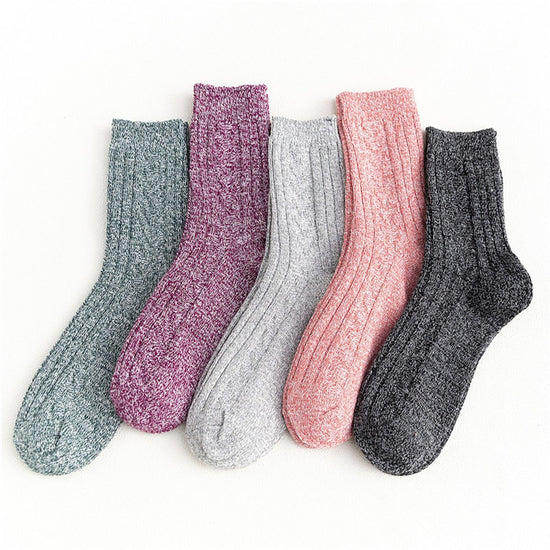 5 Pairs of Socks - Autumn/Winter - Extra Long and Plus Size Double Needle Stitch - Cable Knit - Thick - Warm - Women&