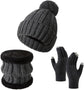Gloves, hat and scarf - three-piece set - winter knitwear - lined with fleece and thickened - warm and cold resistant - dark gray