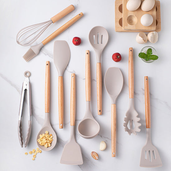 Set of 12 Silicone Kitchen Utensils with Wooden Handle - Storage Bucket - Non-Stick Pan & Kitchen Utensils - Cooking Spatula and Spoon Set