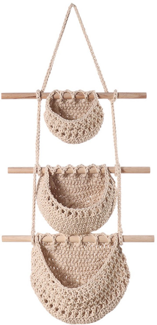 Three-Tier Hanging Fruit and Vegetable Basket - Removable Wall Rack - Hand-Woven Beige Wall Basket - Multifunctional Kitchen Storage Rack - Fruit and Vegetable Storage - Bohemian Home Decor