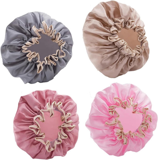 Four-Piece Double Layer Shower Cap Set - Hair Salon - Shower Cap Cover - Kitchen Cap - Pink - Gray - Brown - Light Pink - Women&