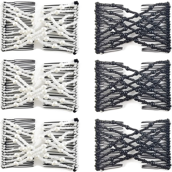 6-Pack Pearl Hair Combs - Elastic Magic Hairpins - Hair Clamps - Hair Clip - Black & White - For All Hair Types