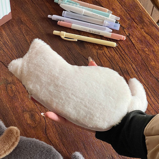 Student Storage Box - Pencil Case - Makeup Bag - Cute Cat-Shaped Storage Bag - Creative Cat-Shaped Storage Bag - Lightweight and Portable - Suitable for School, Office, and Travel（White）