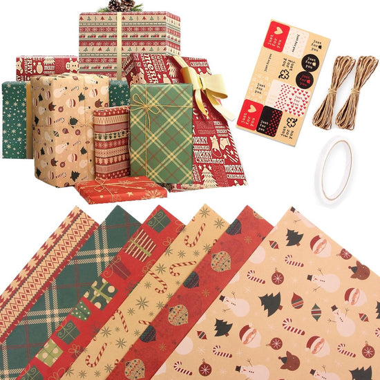 Gift Wrapping Paper - 6 sheets of kraft paper 70x50 cm - Complete set (straw, double-sided tape, stickers) - Gift wrapping paper set for birthdays, weddings and Christmas