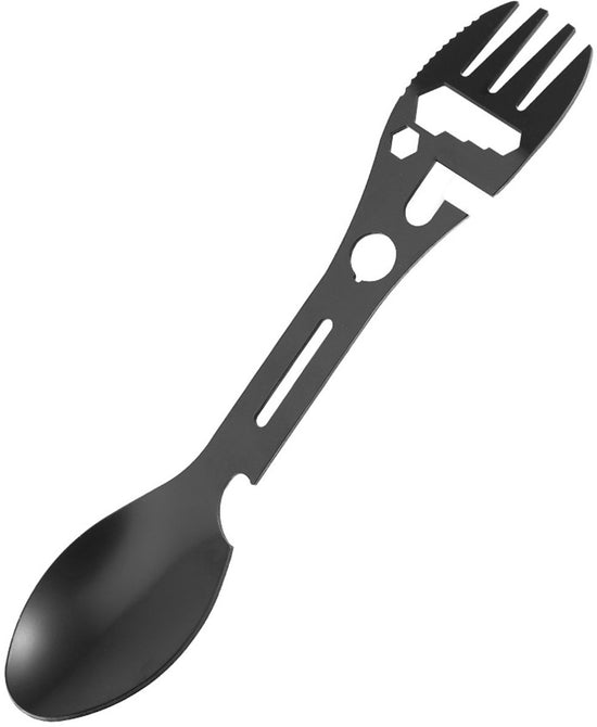 Stainless Steel Spoon and Fork - 10-in-1 Multitool - Works as a combination spoon, fork, knife, bottle opener and wrench - Ideal for picnics, travel, backpacking, hiking and fishing - Black
