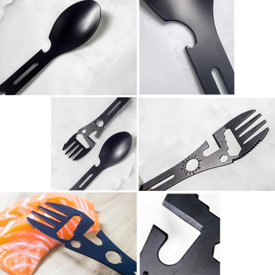 Stainless Steel Spoon and Fork - 10-in-1 Multitool - Works as a combination spoon, fork, knife, bottle opener and wrench - Ideal for picnics, travel, backpacking, hiking and fishing - Black