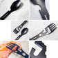 Stainless Steel Spoon and Fork - 10-in-1 Multitool - Works as a combination spoon, fork, knife, bottle opener and wrench - Ideal for picnics, travel, backpacking, hiking and fishing - Black