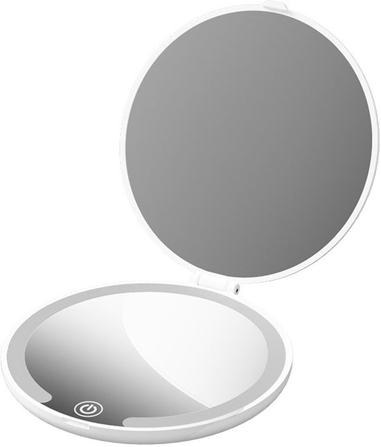 Make-up mirror - Mini mirror with light - 1x/5x magnification - 10 cm - Rechargeable - Suitable for wallets, pockets, travel and as a gift (White)