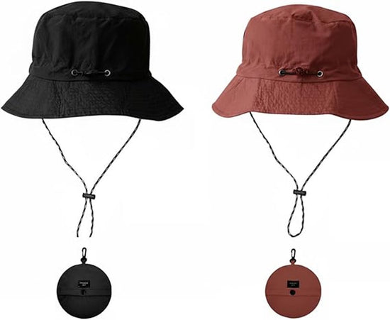 Hat - Sun Hat - Outdoor Jungle Hat - Foldable Bucket Hat - Rain Hat - Unisex - With Removable Chin Strap - 2-Piece (Black + Brick Red)