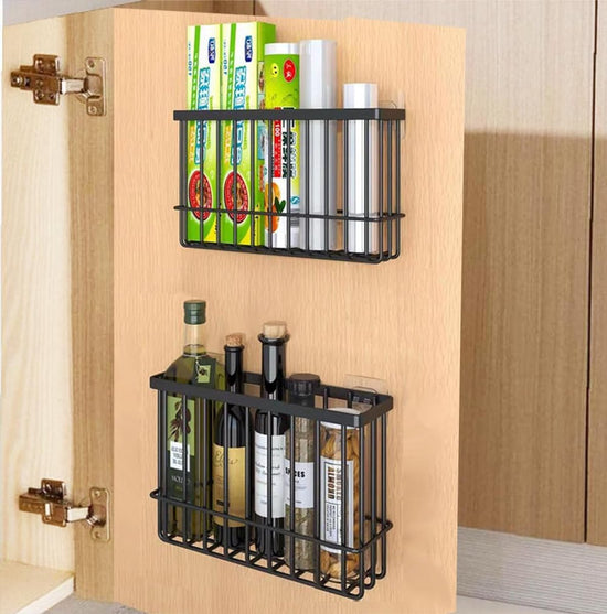 Set of 2 Storage Boxes - Storage Boxes - Storage Boxes for Kitchen Cabinet Doors - Self-Adhesive Storage Boxes - Wall-Mounted Metal Storage Boxes - Small Item Storage Boxes for Cabinets/Bathrooms/Refrigerators (Black)